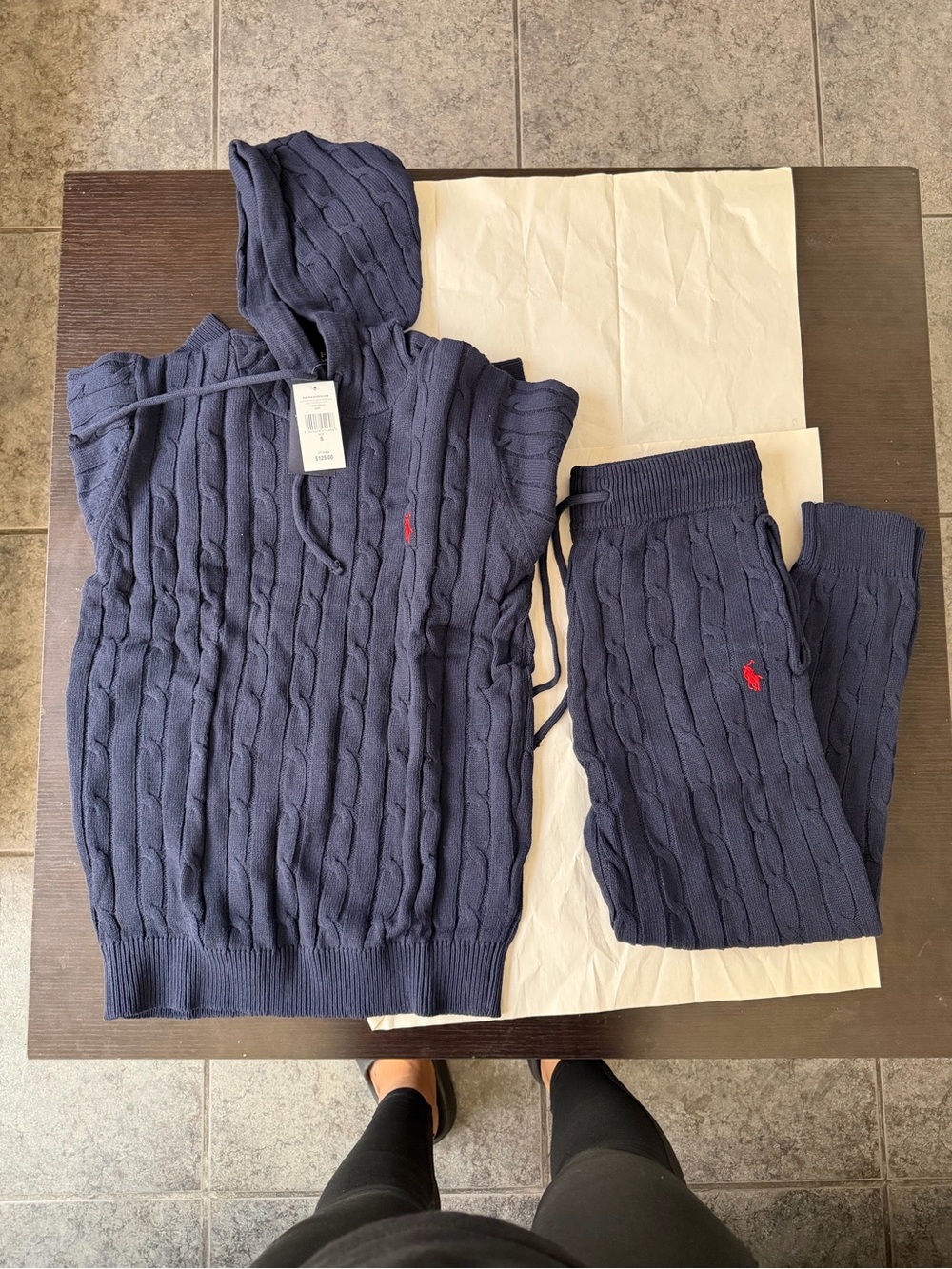 Ralph Lauren Charcoal Cable-Knit Hoodie with Red Pony - Picture 4 of 9